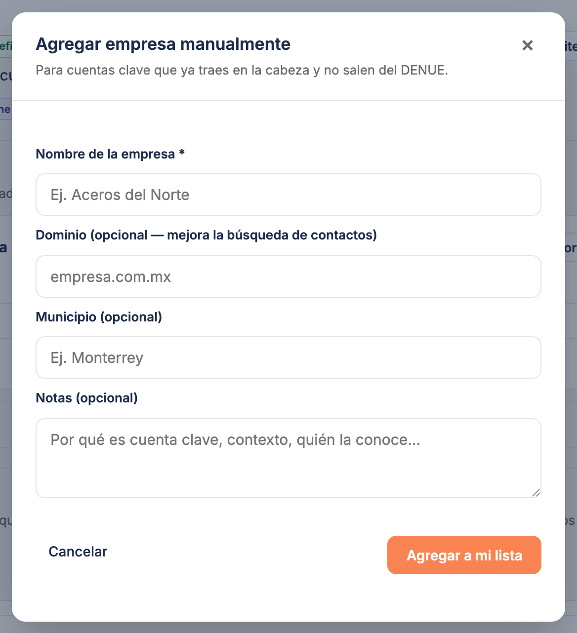 El cuadro "Agregar empresa manualmente" con sus cuatro campos