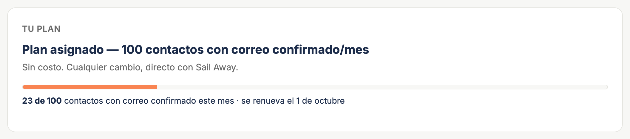 El bloque "Tu plan" de Mi cuenta, con el nombre del plan, la barra de contactos usados y los botones Administrar suscripción / Subir de plan