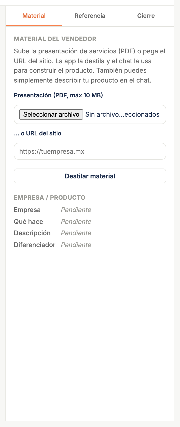 El panel lateral del chat con el bloque Material del vendedor y el botón Destilar material