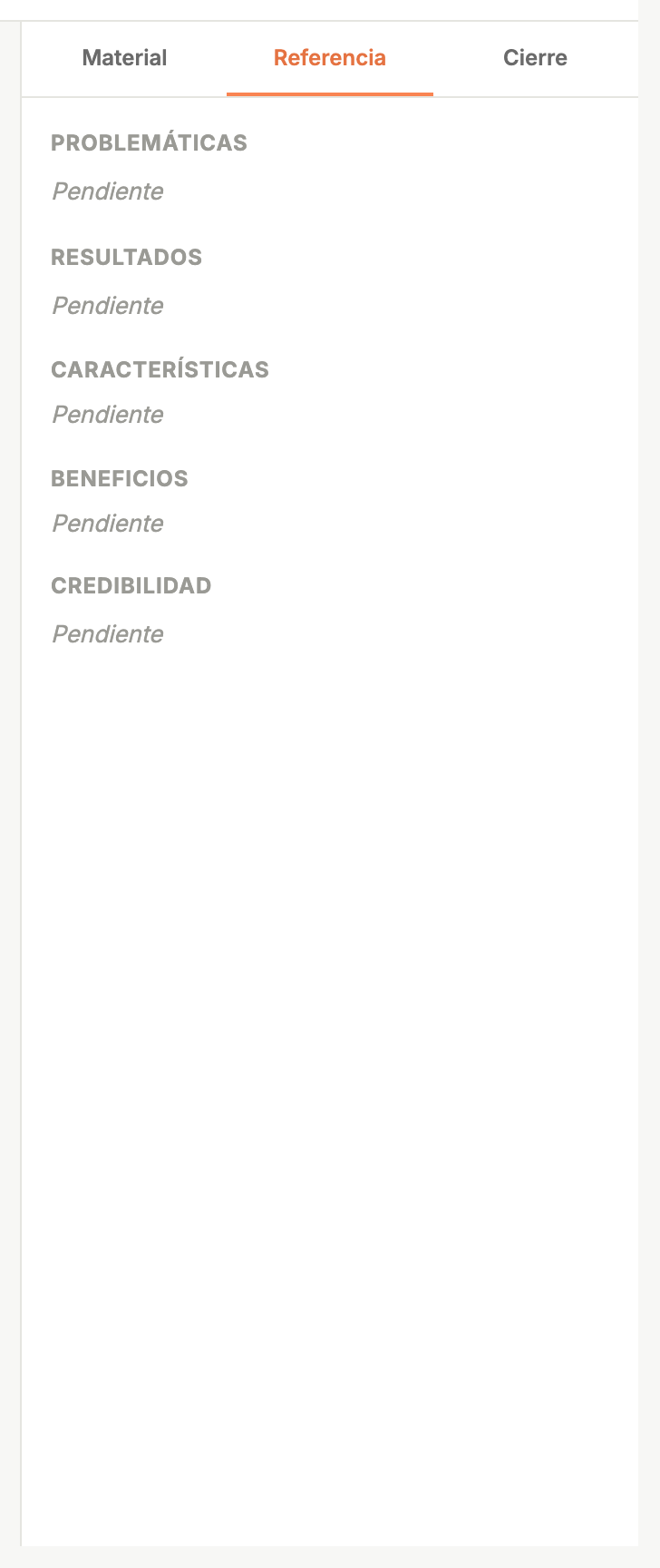 La pestaña Referencia del panel con problemáticas y resultados capturados