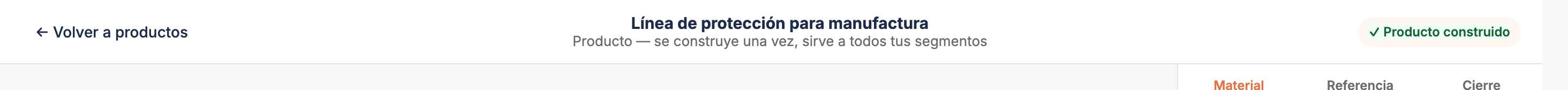 El indicador ✓ Producto construido en el encabezado del chat