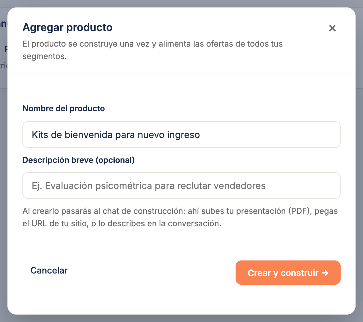 El cuadro Agregar producto con el nombre escrito como caso de uso