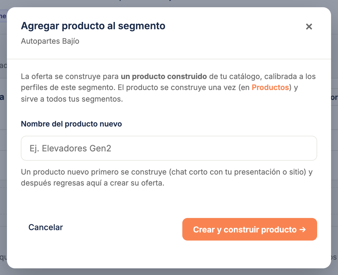El cuadro Agregar producto al segmento con el selector de producto construido