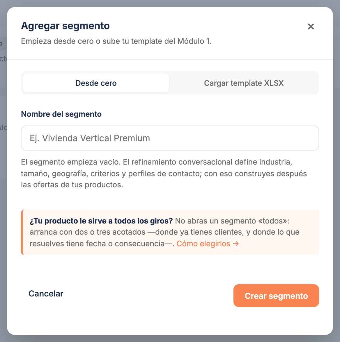 El cuadro "Agregar segmento" abierto en la pestaña Desde cero