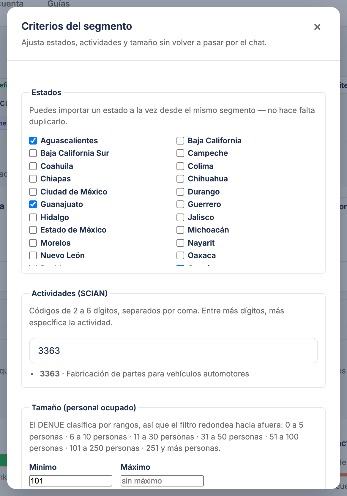 El cuadro "Criterios del segmento" con los estados marcados, el campo de SCIAN y el tamaño