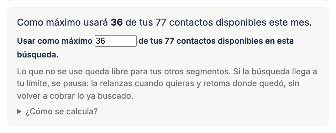 El bloque de costo del cuadro "Buscar contactos", con "Como máximo usará N de tus X contactos disponibles"
