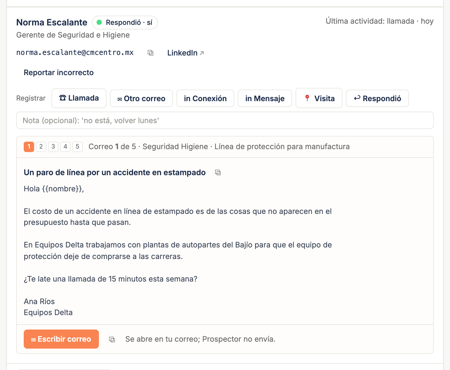 La persona en la página de la cuenta, con el botón "Reportar incorrecto" debajo del correo
