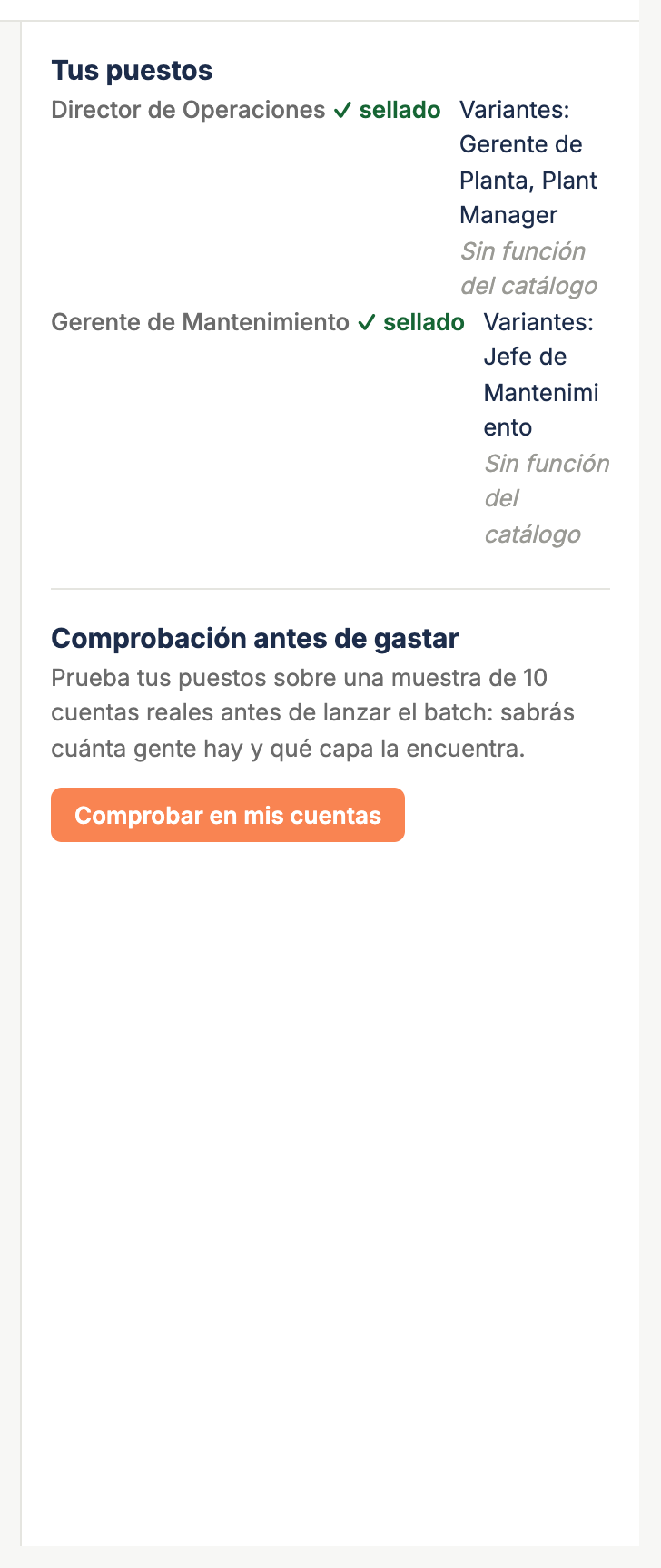 El panel derecho del chat de Refinar puestos con dos puestos sellados y el bloque "Comprobación antes de gastar" con su resultado