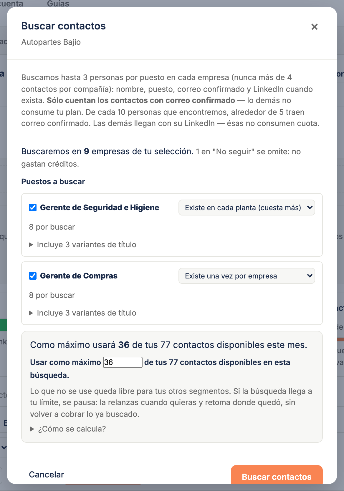 El cuadro "Buscar contactos" con el alcance y el bloque de costo