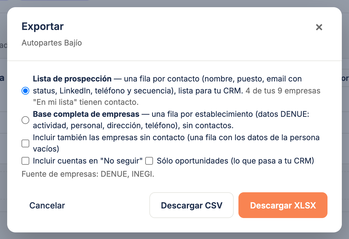El cuadro Exportar con las dos opciones y las tres casillas