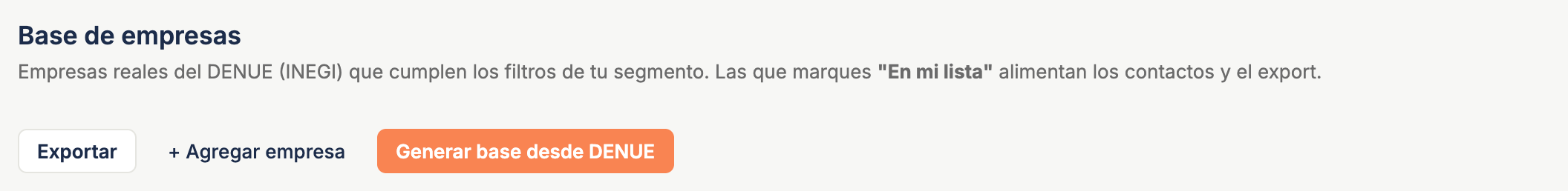 El bloque "Base de empresas" ya poblado, con el resumen "Tu lista de prospección" y las primeras filas de la tabla