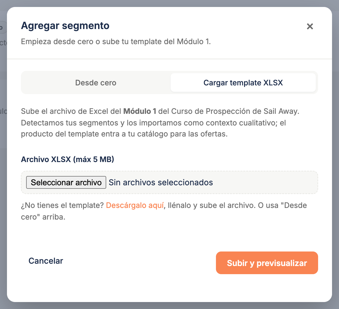 El cuadro Agregar segmento abierto en la pestaña Cargar template XLSX