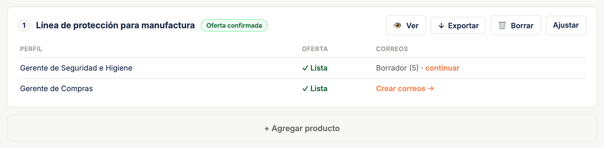 La página de un segmento ya trabajado: etiqueta \"Definición refinada\", el producto marcado en Productos y correos con sus puestos, y abajo la Base de empresas con contactos