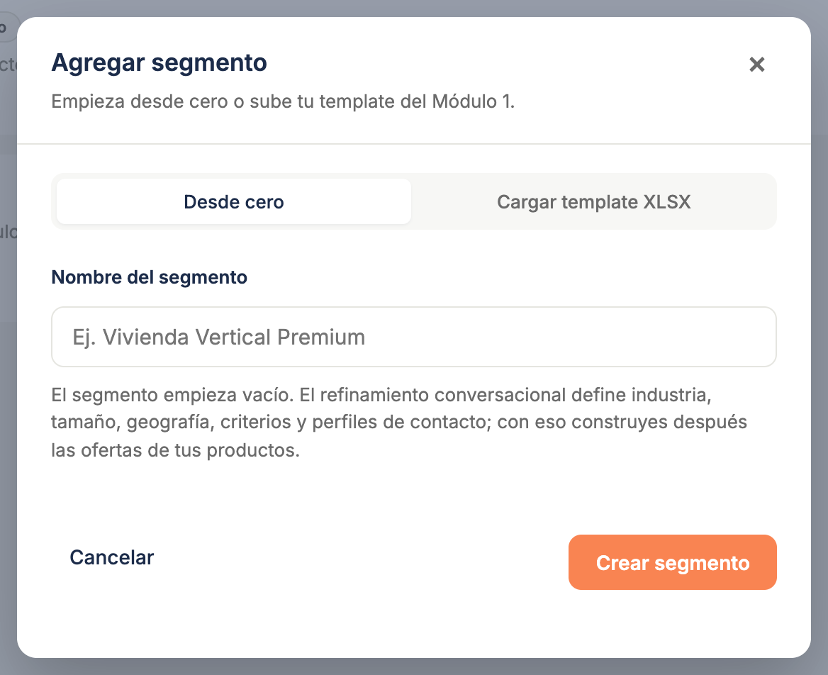 El cuadro "Agregar segmento" con las dos pestañas, Desde cero y Cargar template XLSX