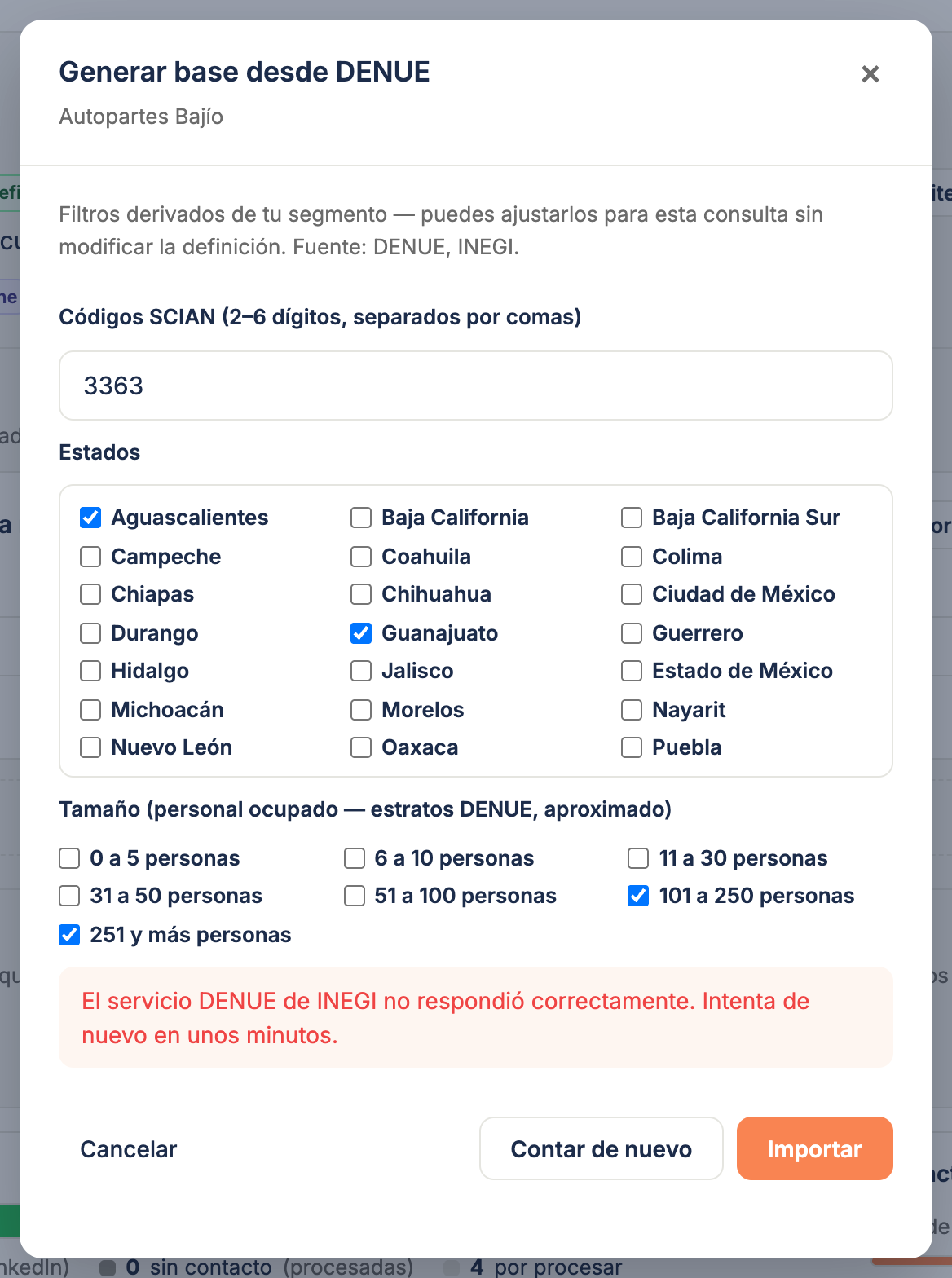 El cuadro "Generar base desde DENUE" con el conteo estimado ya resuelto