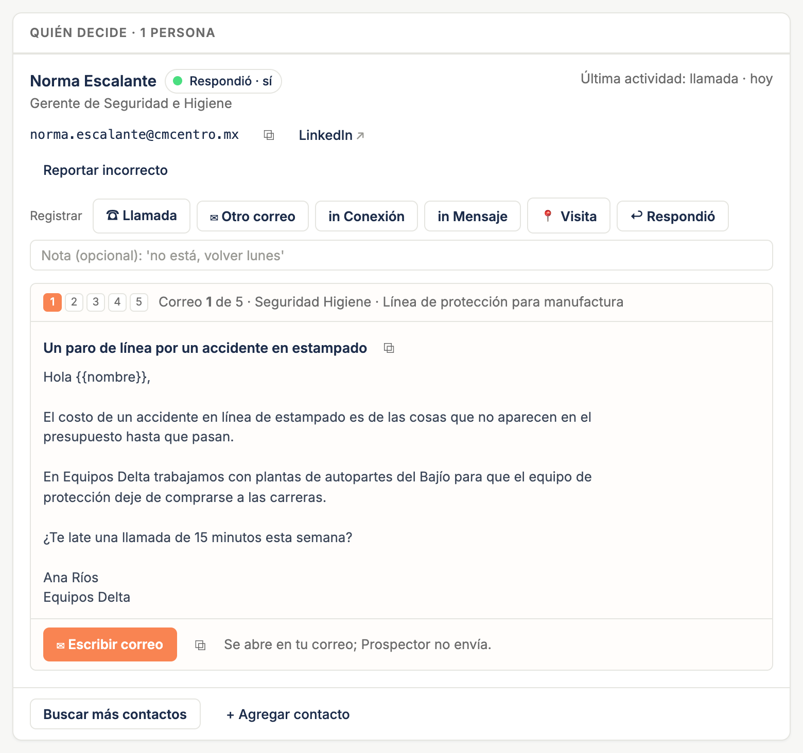 La página de una cuenta con una persona, su correo sugerido y la fila Registrar