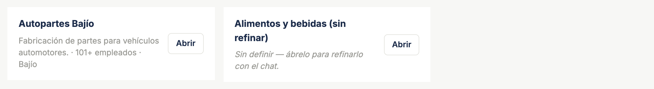 Dos segmentos de la pantalla de Segmentos lado a lado: uno bien acotado con su descripción específica, y uno vago tipo "Manufactura nacional"