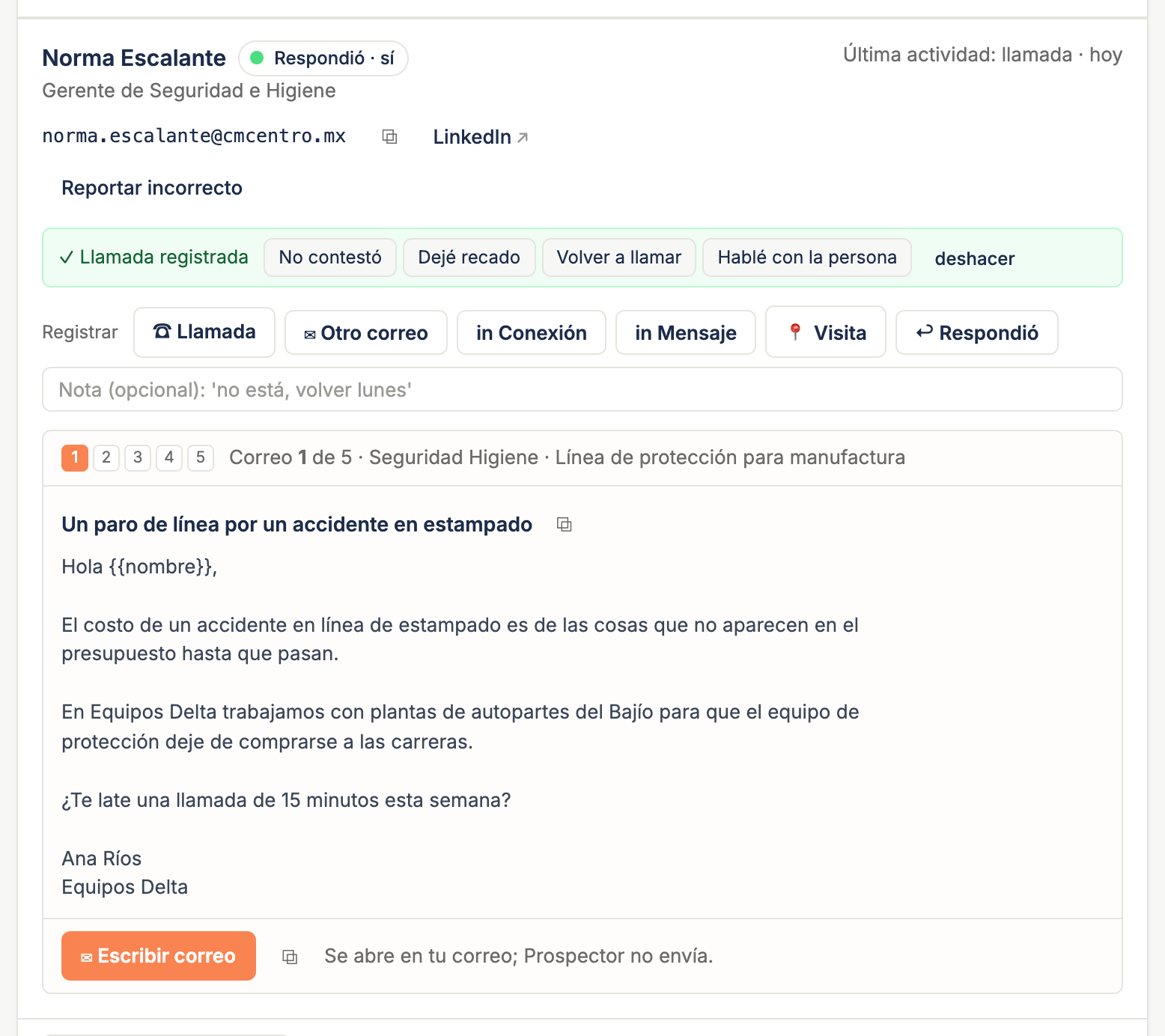 La línea de confirmación tras registrar una llamada, con los cuatro atajos
