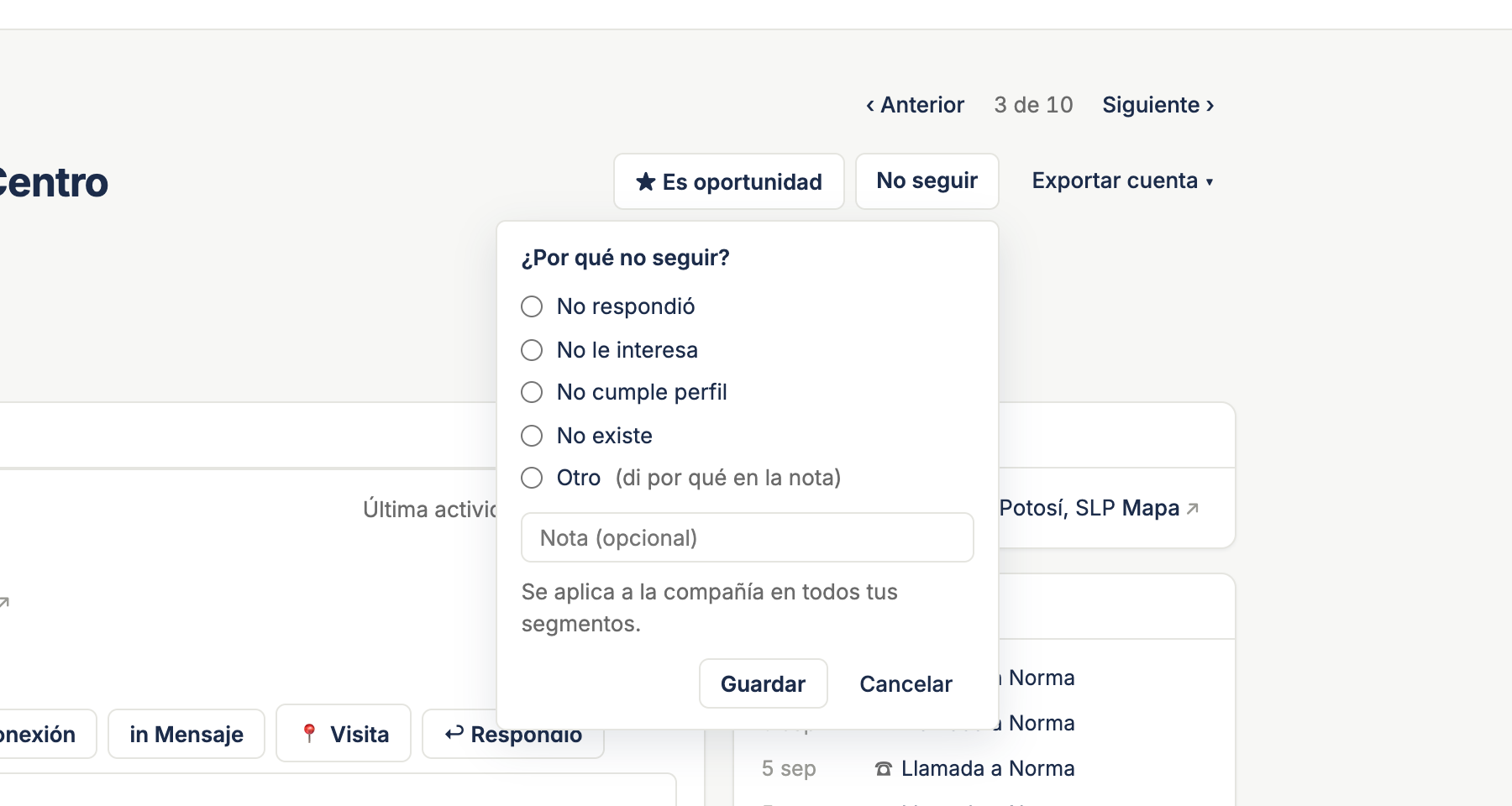 El popover ¿Por qué no seguir? con los cinco motivos