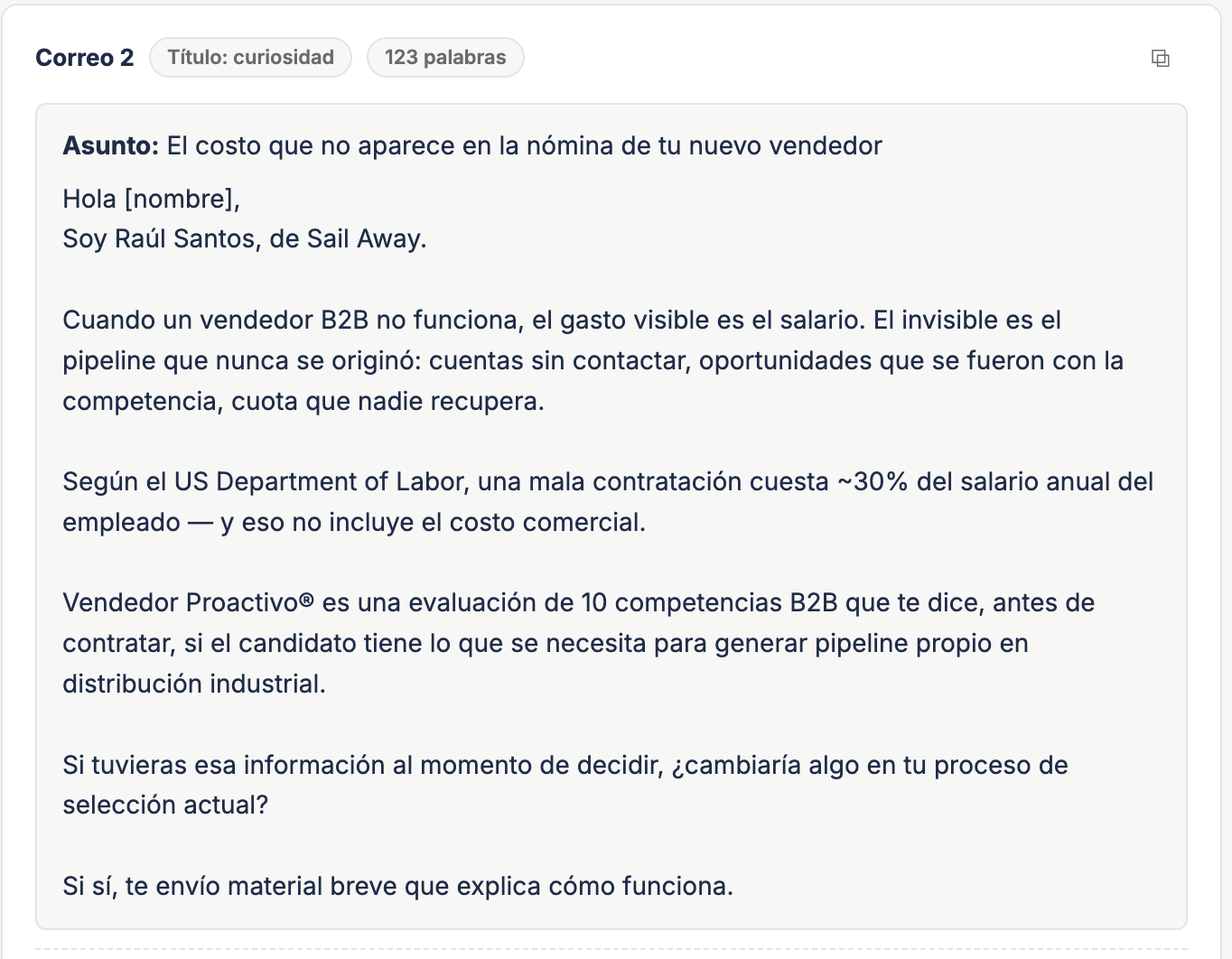 Correo de prospección generado por Prospector: asunto, cuerpo personalizado al perfil del tomador de decisión y conteo de palabras