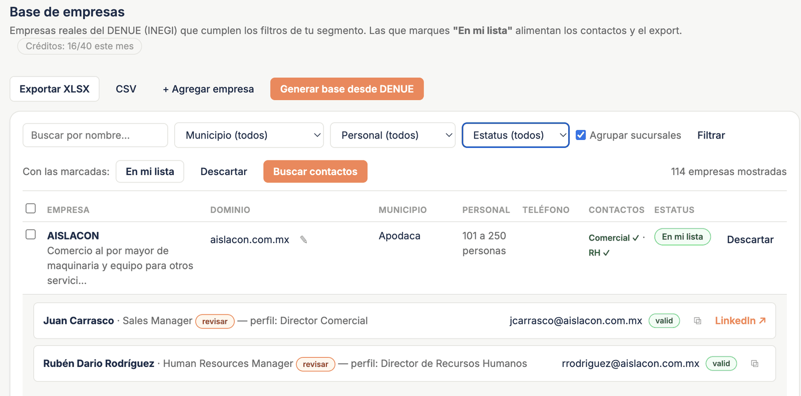 Base de empresas en Prospector: empresas reales del DENUE filtradas por segmento, con contactos encontrados, emails verificados y perfil de LinkedIn